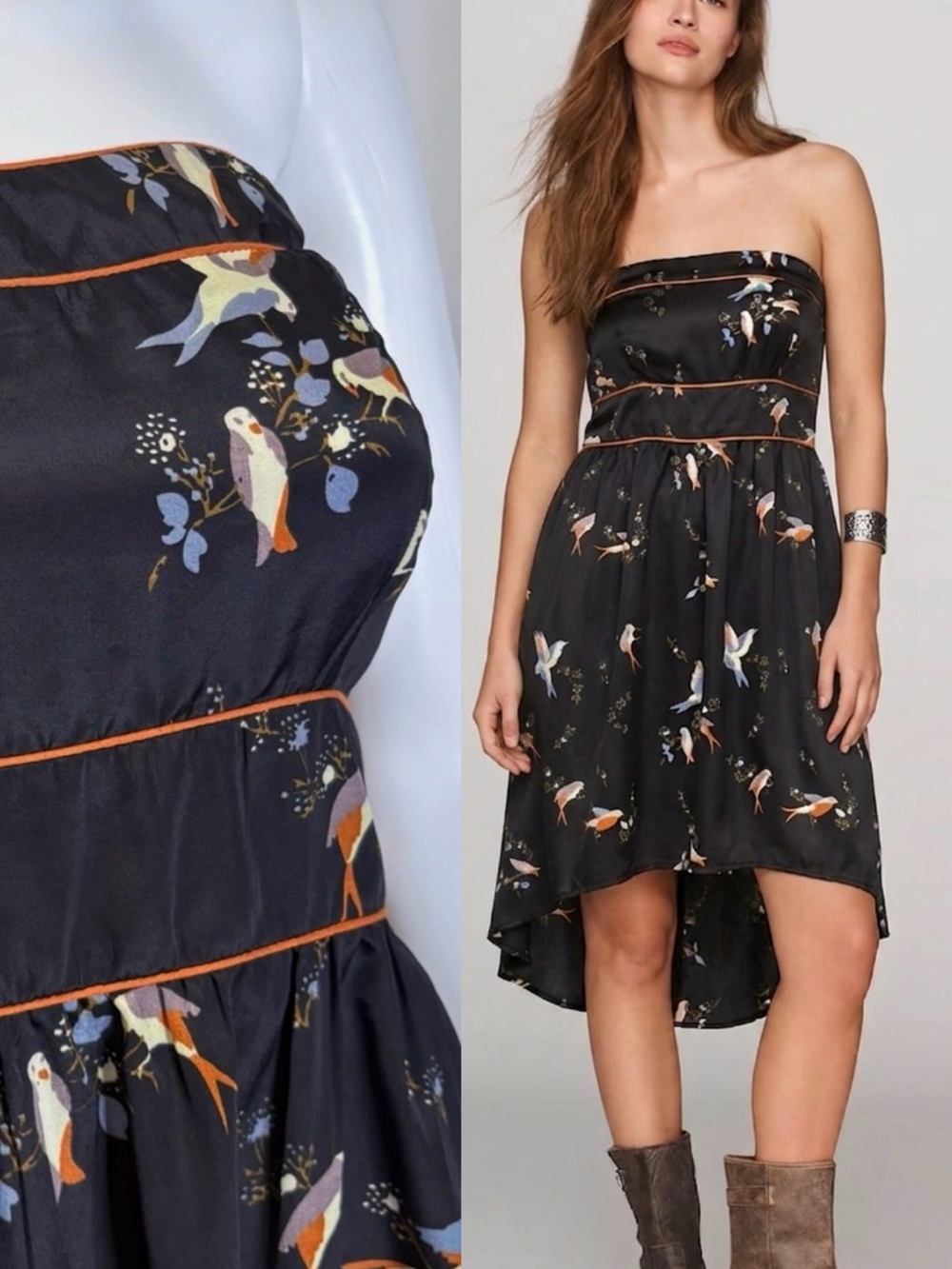 American Rag Black Satin Strapless Bird Print Midi Dress Size M High Low Hem